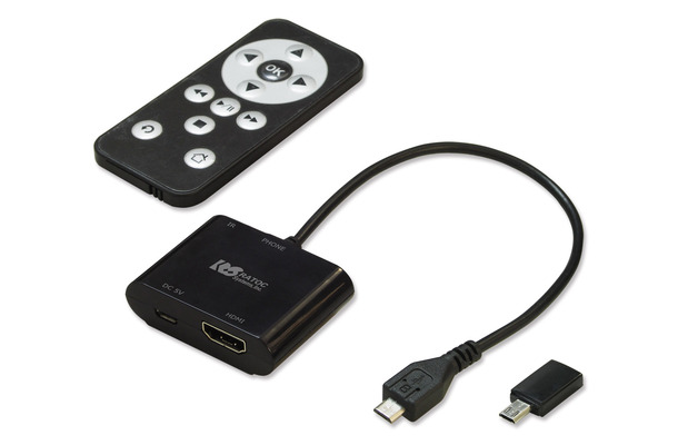 MHL to HDMI変換アダプタ「REX-MHL2HDMI」の本体と付属品