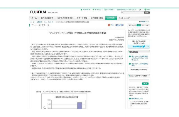 「アスタキサンチン」と「亜鉛」の摂取による睡眠改善効果の詳細は、富士フイルムのウェブサイトに掲載されている