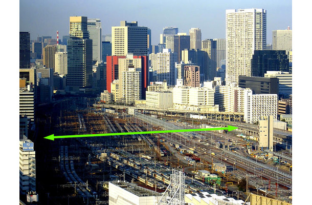 田町車両センターの下を走る高輪ガード（地下道）のイメージ（緑線）