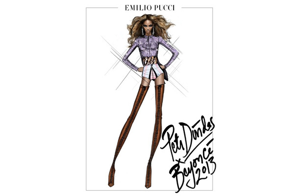 「エミリオ・プッチ」のピーター・デュンダスによるデザイン画。ビーズとクリスタルの装飾とパステルプリントのショーツが特徴のボディスーツ