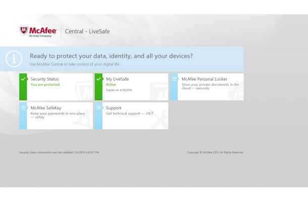 「McAfee LiveSafe」ダッシュボード画面