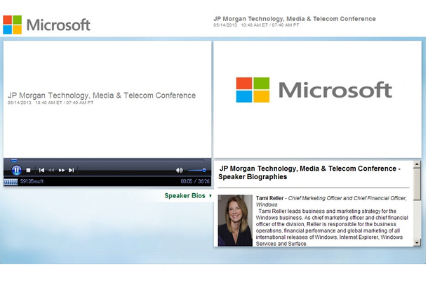 JP Morgan Technology, Media & Telecom Conferenceのページ。音声のみだが発表の模様が聴取できる