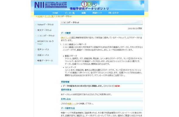 国立情報学研究所「ニコニコデータセット」説明ページ