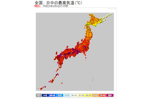 明日8月9日の日中の最高気温予想