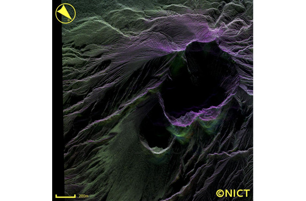 桜島昭和火口の偏波疑似カラー画像（Pi-SAR2の高速機上処理装置により画像化）