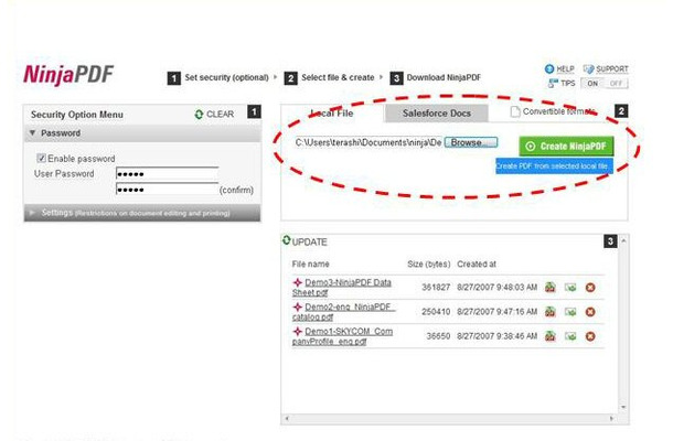 ローカルのコンピュータ、またはSalesforceの「Document」フォルダにあるファイルからPDFファイルを作成可能