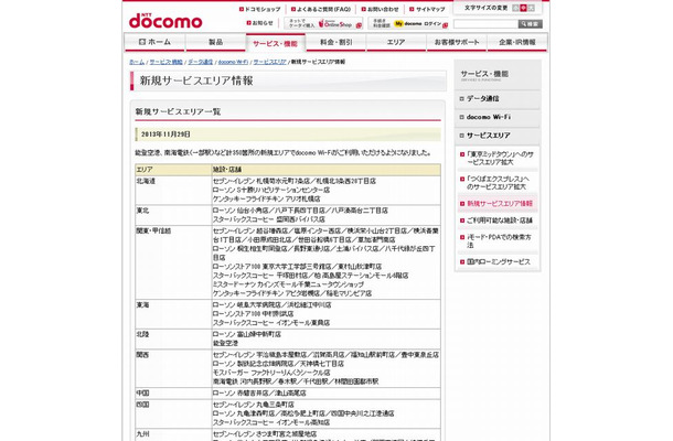 docomo Wi-Fi 新規サービスエリア情報