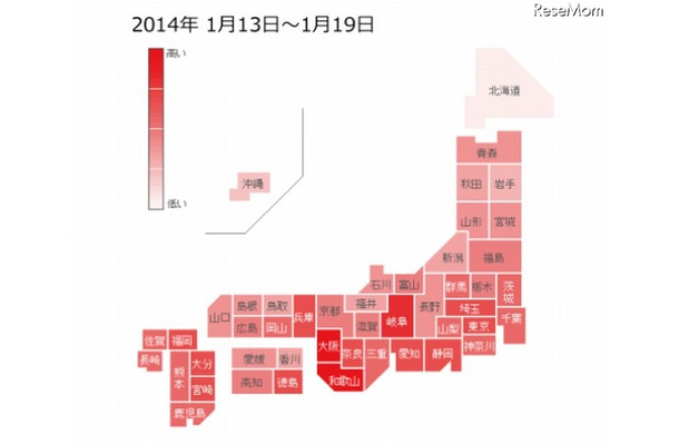 「インフルエンザ」の各都道府県別検索分布（1月13日～19日）