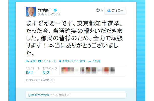 舛添要一氏の当確報告ツイート