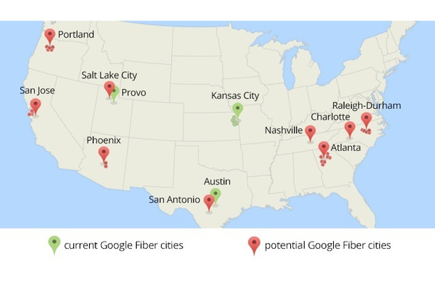 Google Fiberの普及。緑のピンが提供中の都市圏、赤のピンが今回、導入検討を開始した都市圏を示す