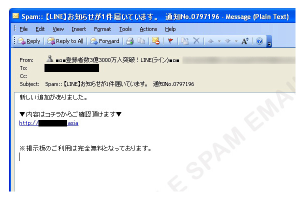 LINEから送信されたように装うスパムメールの一例
