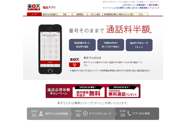 「楽天でんわ: 電話アプリ」サイト