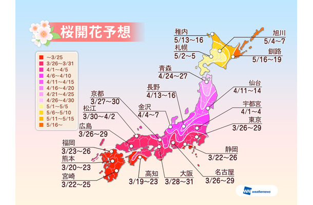 ウェザーニューズが12日に発表した全国の桜開花予想