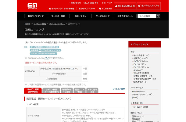 「国際ローミングサービス」紹介ページ
