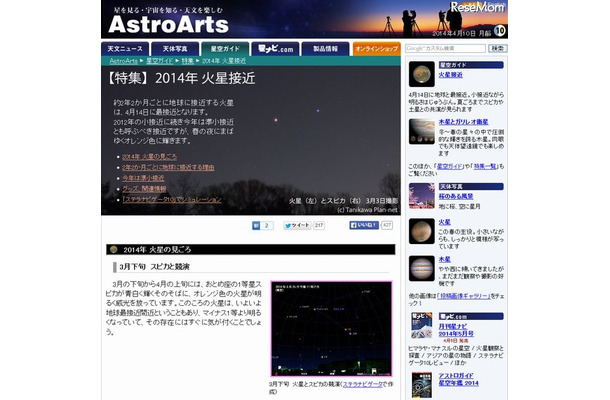 アストロアーツ「2014年火星接近」の特集ページ