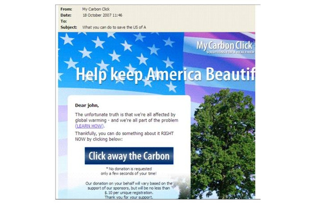 地球温暖化防止を騙るスパムの例：「Click away the Carbon」などと表示してユーザーを騙す