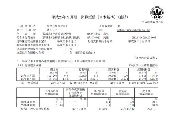 平成26年3月期決算スクリーンショット