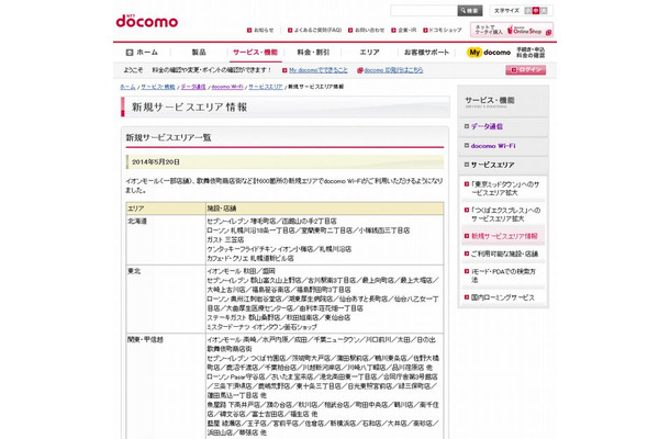 docomo Wi-Fi 新規サービスエリア情報