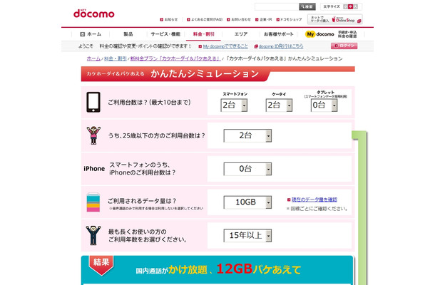 「カケホーダイ＆パケあえる かんたんシミュレーション」ページ