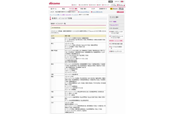 docomo Wi-Fi 新規サービスエリア情報