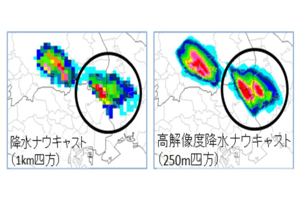 降水ナウキャスト（左）と高解像度降水ナウキャスト（右）の比較