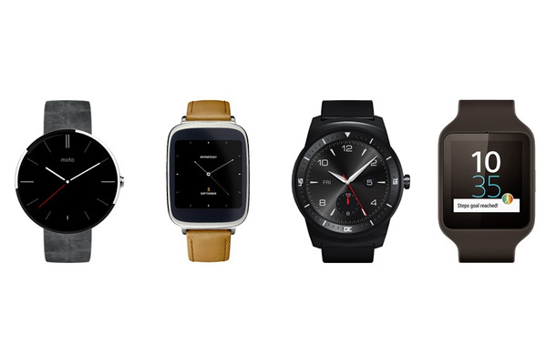 IFA 2014で発表されたAndroid Wear搭載端末。左から「Moto 360」「Zen Watch」「G Watch R」「SmartWatch 3」