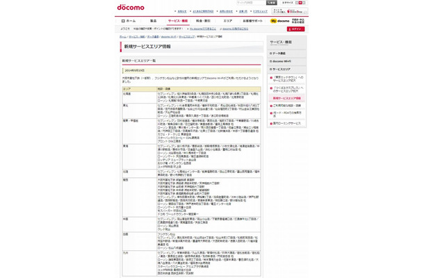 docomo Wi-Fi 新規サービスエリア情報
