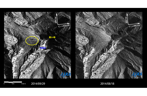 JAXAが公開した御嶽山山頂付近の噴火前後の比較画像（左：噴火後　画像　右：噴火前　画像)