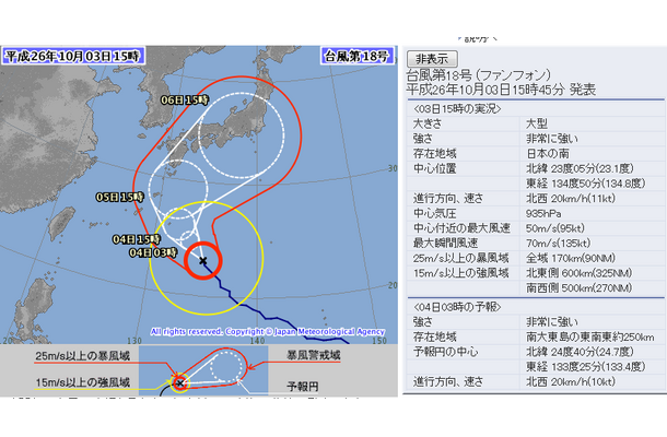 台風18号の予想経路図（気象庁ホームページより）