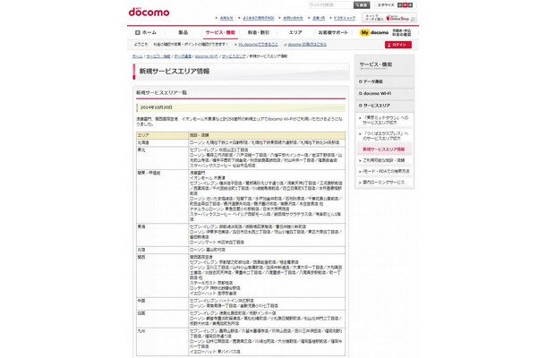 docomo Wi-Fi 新規サービスエリア情報