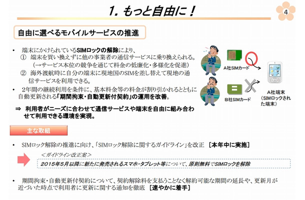 「モバイル創生プラン」内でのSIMロックに関する項目（総務省資料より）