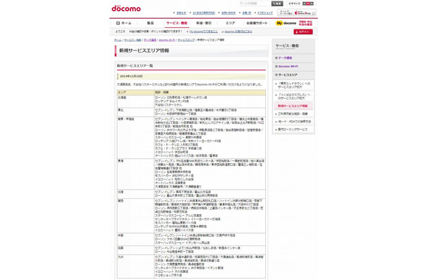 docomo Wi-Fi 新規サービスエリア情報