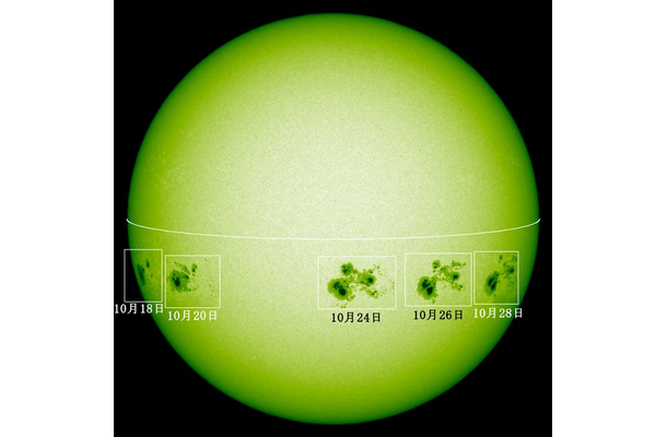 国立天文台 太陽観測所のフレア望遠鏡が取得した黒点（10月18日～28日、抜粋）（c） 国立天文台