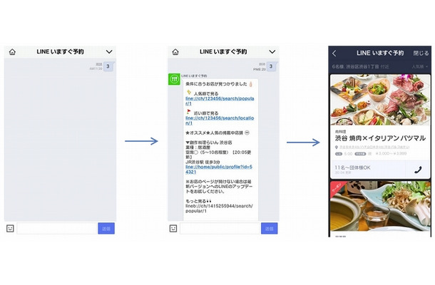 「LINEいますぐ予約」利用イメージ。「3」とつぶやくだけで、空席店舗情報が自動返信されている