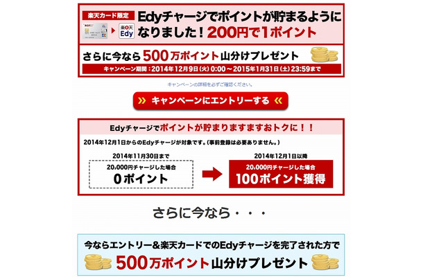 楽天カードから楽天Edyへチャージした利用分がポイント獲得対象に