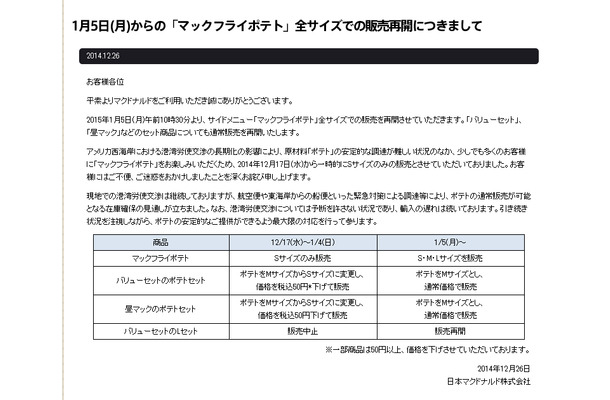 マクドナルドの発表