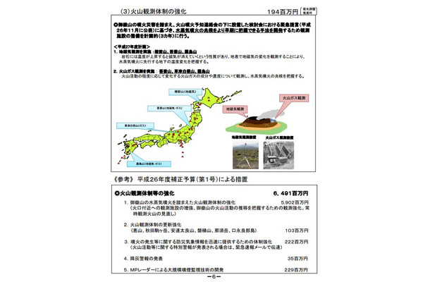 地磁気やガスなどを計測し、火山活動の監視体制の強化を図る狙い。降灰警報やMPレーダーによる大規模噴煙監視技術についても予算が割かれている（画像は気象庁関係予算概要より）。