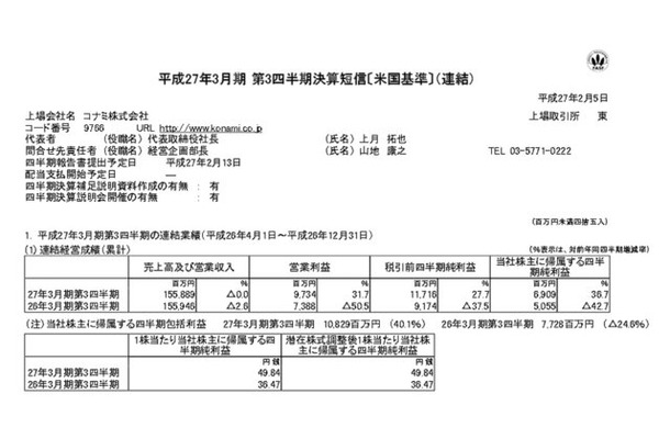 平成27年3月期第3四半期決算スクリーンショット