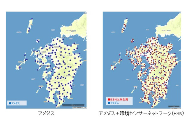 アメダスに環境センサーネットワーク（ESN）を加えることで、より精緻なデータを収集可能（九州の例）