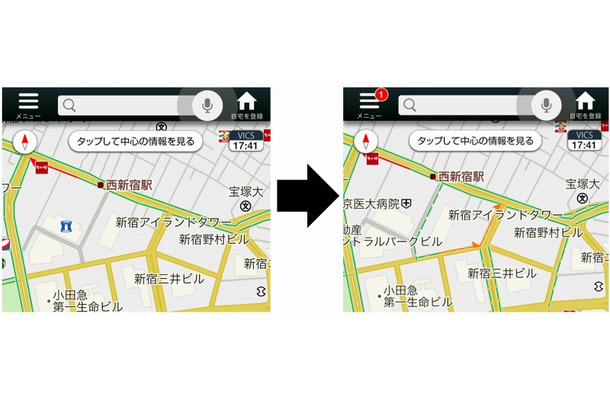 「プローブ情報」により、「緑色の点線」（順調）、「赤色の点線」（渋滞）が表示されるように