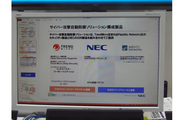 サイバー攻撃自動防御ソリューションの構成。トレンドマイクロのセキュリティ対策製品、NECのSDN製品、パロアルトネットワークスの次世代ファイアウォールなどからなる