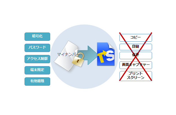 ファイルをパスワードで暗号化し、コピー、印刷、保存、画面キャプチャーを禁止する。マイナンバー以外の情報漏洩対策にももちろん利用可能だ（画像はプレスリリースより）