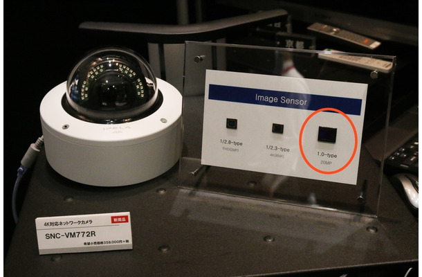 今回発表されたドーム型の4K対応ネットワークカメラ「SNC-VM772R」（写真左）と同製品に使われている1.0型大判イメージセンサー（写真右の丸囲み）。8月20日に発売予定されメーカー希望小売価格は358,000円（撮影：編集部）