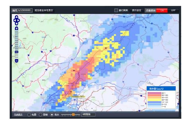 降雨状況に関しては6時間先まで天候の予測が可能。降雨状況などと車両の現在地を元に最適なルート指示や、降雨対応の準備を促すことができる（画像はプレスリリースより）