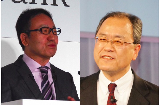 ソフトバンクの宮内社長（写真左）とKDDIの田中社長