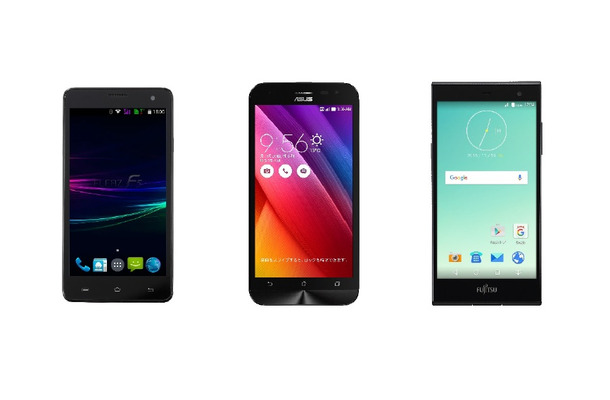 左からコヴィア製「FLEAZ F5」、ASUS製「ZenFone 2 Laser」、富士通製「arrows M02」