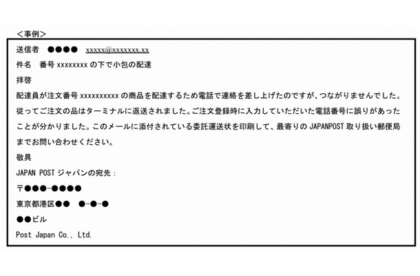 偽メールの文章例（日本郵政のリリースより）