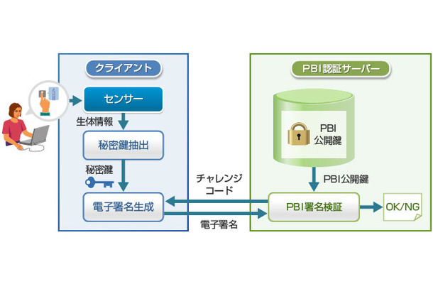 PBI技術概略概念図。ログオン時や認証要求時には指静脈認証のみでパスワード入力による認証は行わないため、なりすましや偽造を高度に抑止する（画像はプレスリリースより）