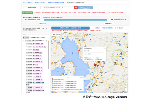 「DISAANA」で「どこでノロウイルスが発生していますか」と入力した場合の実行結果例。表現の違いなども考慮して幅広く回答候補を抽出、地図上に表示する（画像はプレスリリースより）