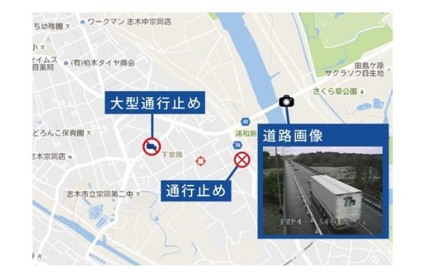 プローブデータを利用した通行実績のある路線情報や日本道路交通情報センター（JARTIC）から提供される道路交通情報を用いて、通行規制情報を地図上に可視化。迂回ルート探索も可能（画像はプレスリリースより）